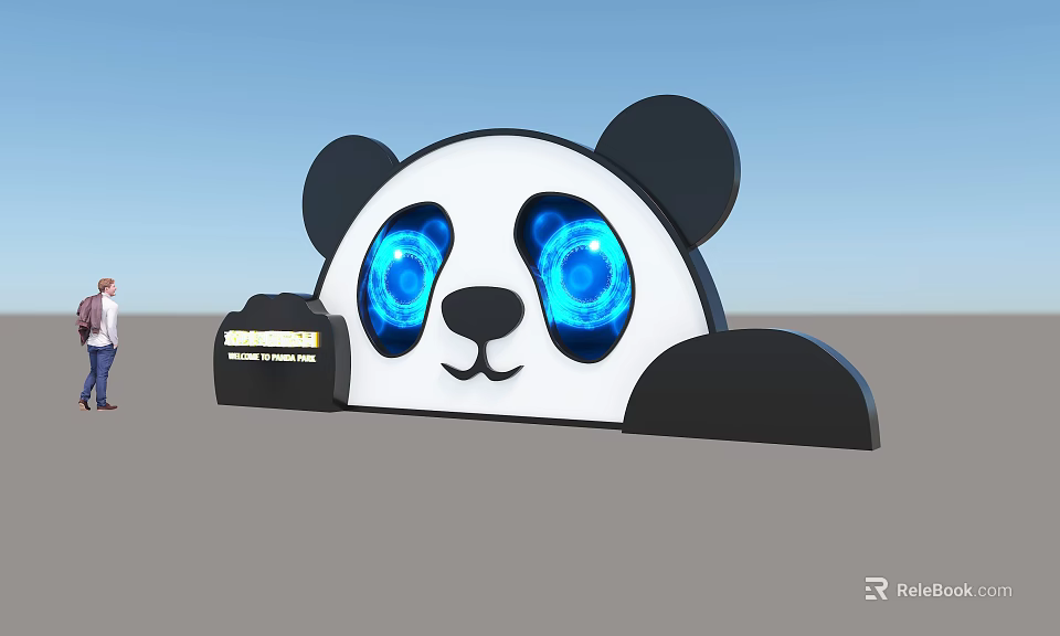 Large Panda Head Sculpture With Blue Glowing Eyes And Signboard 3d model 