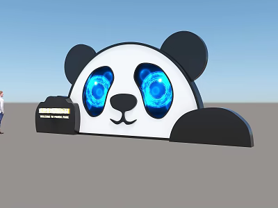 Large Panda Head Sculpture With Blue Glowing Eyes And Signboard 3d model