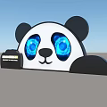 Large Panda Head Sculpture With Blue Glowing Eyes And Signboard