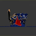 Lego Warriors In Blue Yellow White Armor With Mechanical Creature And Weapons On Blue Platform