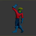 Cartoon Game Movie Character With Green Head Red Shirt And Blue Outfit Waving Hand