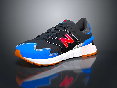 Stylish Black And Blue Sneakers With Red N Logo And Orange White Sole 3d model