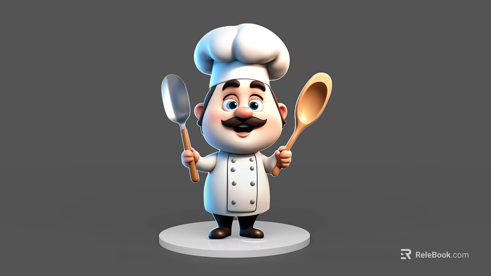 Animated Game Chef Character In White Uniform With Chef Hat Holding Metal And Wooden Spoons 3d model 