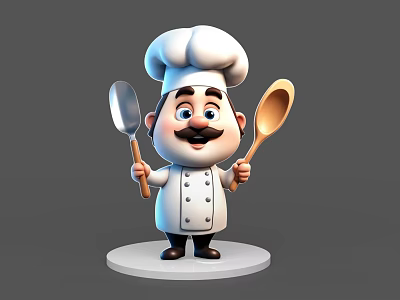 Animated Game Chef Character In White Uniform With Chef Hat Holding Metal And Wooden Spoons 3d model