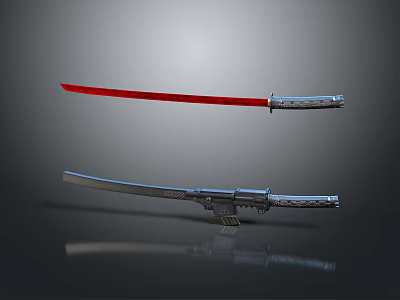 Traditional Japanese Katanas With Red And Silver Blades And Decorative Handles 3d model
