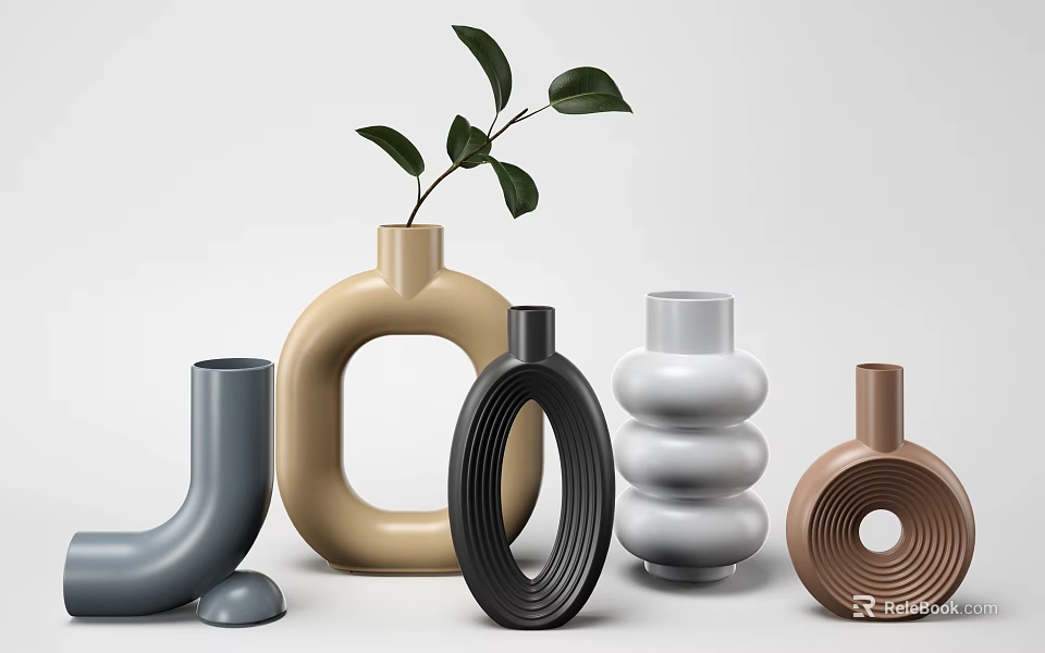 Modern Vases with Green Leaves in Various Shapes and Neutral Tones for Home Decor 3d model 