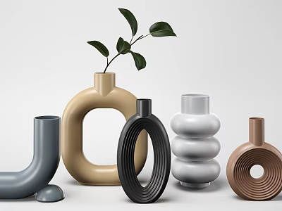 Modern Vases with Green Leaves in Various Shapes and Neutral Tones for Home Decor 3d model