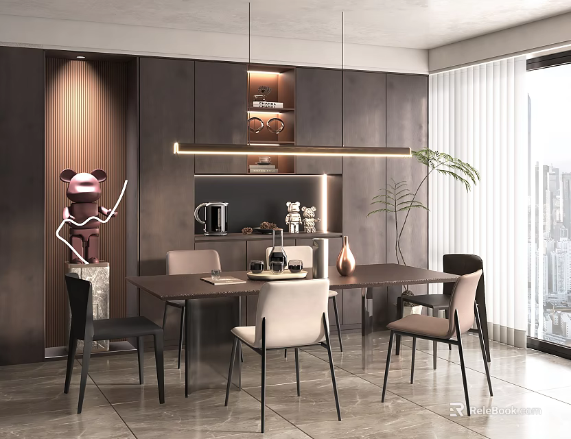 Elegant Modern Restaurant Interior With Luxury Dining Table And Stylish Chairs 3d model