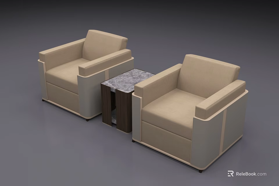 Beige Upholstered Leisure Sofa Set With Two Armchairs And Marble Coffee Table 3d model 