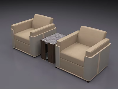 Beige Upholstered Leisure Sofa Set With Two Armchairs And Marble Coffee Table 3d model