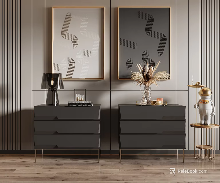 Modern Black Bedside Tables With Drawers Metal Legs And Decorative Elements 3d model