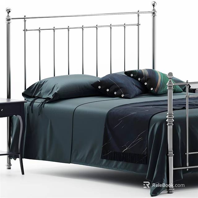 Double Bed With Metal Frame Tall Posts Dark Green Sheets And Decorative Pillows 3d model 