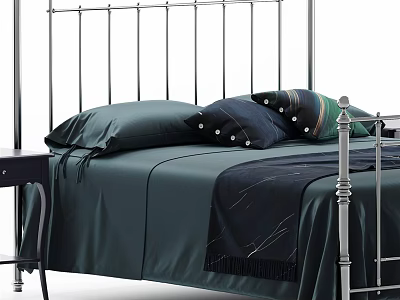 Double Bed With Metal Frame Tall Posts Dark Green Sheets And Decorative Pillows 3d model