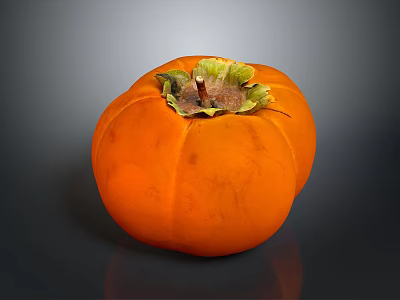 Single Fresh Orange Persimmon With Smooth Skin And Green Leaf Top On Dark Shiny Background 3d model