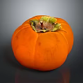 Single Fresh Orange Persimmon With Smooth Skin And Green Leaf Top On Dark Shiny Background