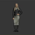Stylish Woman In Black Leather Jacket And Gray Skirt Standing Against Gray Background