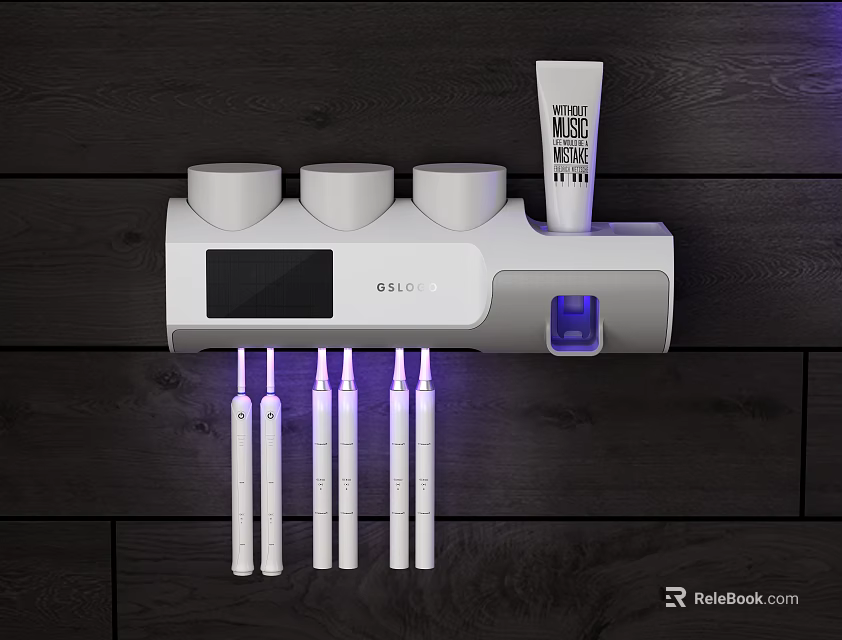 Wall Mounted Bathroom Cabinet Rack With Display Screen Storage Cups And Purple Light Electric Toothbrushes 3d model 