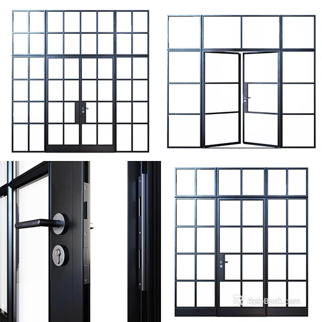Modern Double Doors Design With Metal Frame Glass Panels And Handle Lock Detail 3d model 