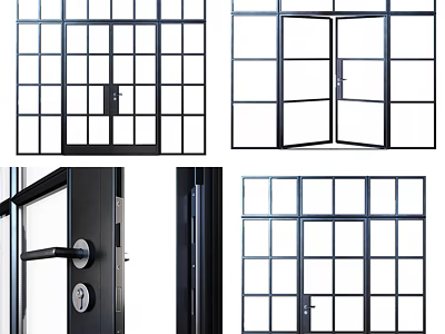 Modern Double Doors Design With Metal Frame Glass Panels And Handle Lock Detail 3d model