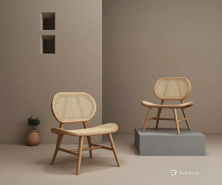 Leisure Chairs with Woven Backrest and Wooden Frame in Minimalist Light Brown Room Setting 3d model 