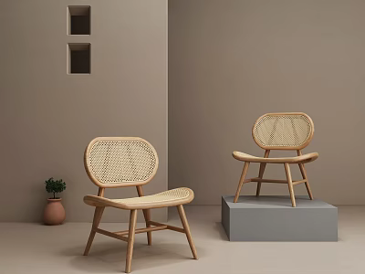 Leisure Chairs with Woven Backrest and Wooden Frame in Minimalist Light Brown Room Setting 3d model