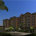 Elegant Multi story Residential Building With Landscaped Gardens Walking Paths And Pond