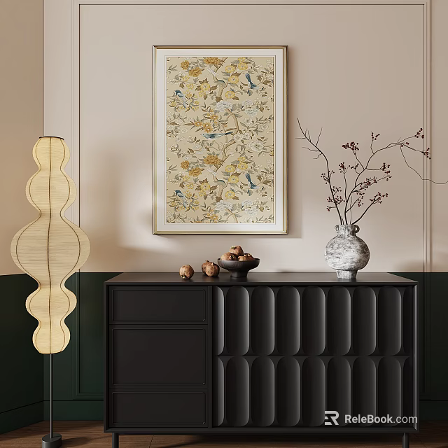 Abstract Painting Wall Art In Modern Interior With Decorative Cabinet Vase And Lamp 3d model 