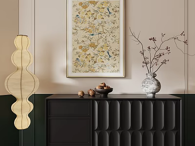 Abstract Painting Wall Art In Modern Interior With Decorative Cabinet Vase And Lamp 3d model