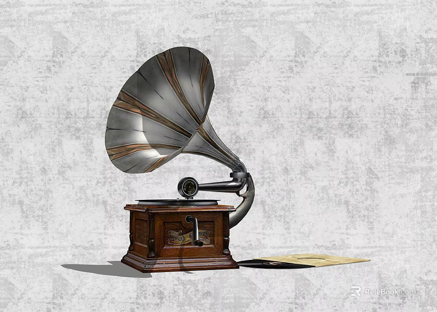Vintage Gramophone Audio Equipment with Wooden Base and Horn Speaker Design 3d model 