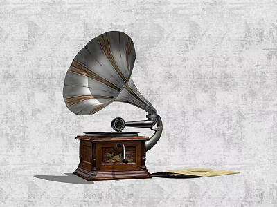 Vintage Gramophone Audio Equipment with Wooden Base and Horn Speaker Design 3d model