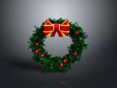 Festive Christmas Wreath With Green Leaves Red Berries And Red Yellow Bow 3d model