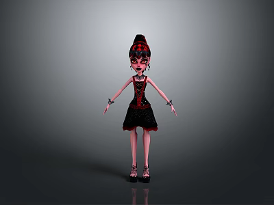 Cartoon Woman In Black Red Dress With High Bun Earrings And High Heels Gray Background 3d model