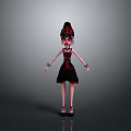 Cartoon Woman In Black Red Dress With High Bun Earrings And High Heels Gray Background