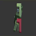 Green Toy Gun Weapon With Green And Red Square Boxes Display Setup