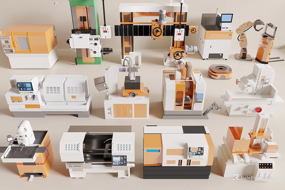 Diverse Automated Industrial Equipment With Mechanical Arms CNC Machines And Control Panels 3d model 