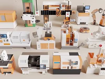 Diverse Automated Industrial Equipment With Mechanical Arms CNC Machines And Control Panels 3d model