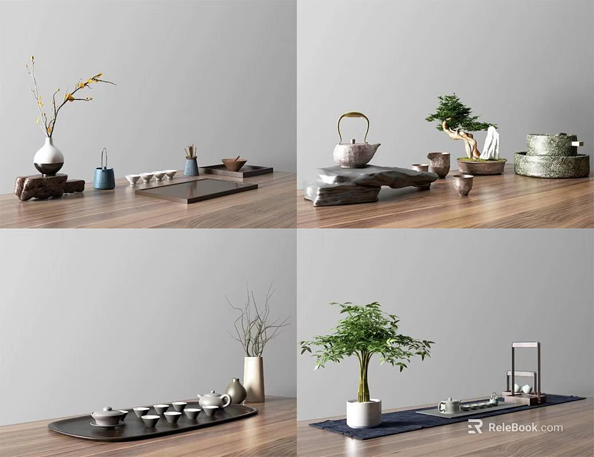 Elegant Tea Set with Teapot Cups Wooden Tray and Small Plants on Tabletop 3d model 