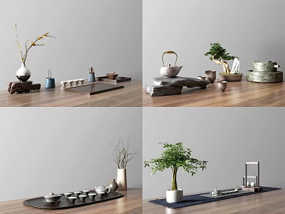 Elegant Tea Set with Teapot Cups Wooden Tray and Small Plants on Tabletop 3d model