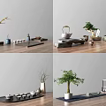 Elegant Tea Set with Teapot Cups Wooden Tray and Small Plants on Tabletop