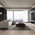 Modern Living Dining Room With Light Sofa Dark Stone Wall Large Windows And City View