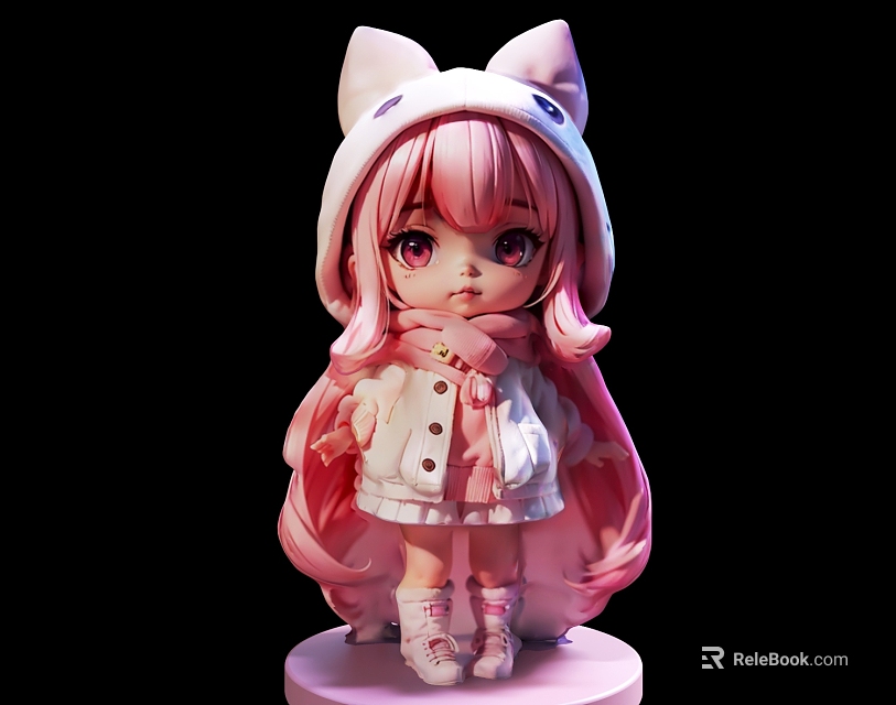 Adorable Plush Doll With Pink Hair Cat Ear Hooded White Coat And Pink Scarf 3d model 