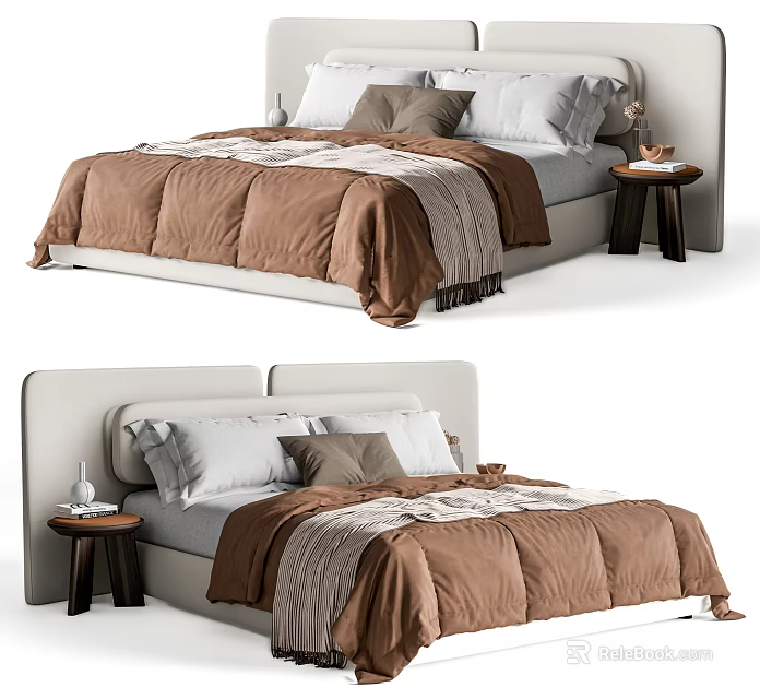 Cozy Double Bed With Beige Frame Brown Comforter Gray Sheets Plush Pillows And Nightstand Decor 3d model