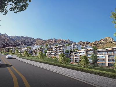 Modern Residential Buildings By Roadside With Mountain View And Greenery 3d model