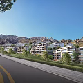 Modern Residential Buildings By Roadside With Mountain View And Greenery