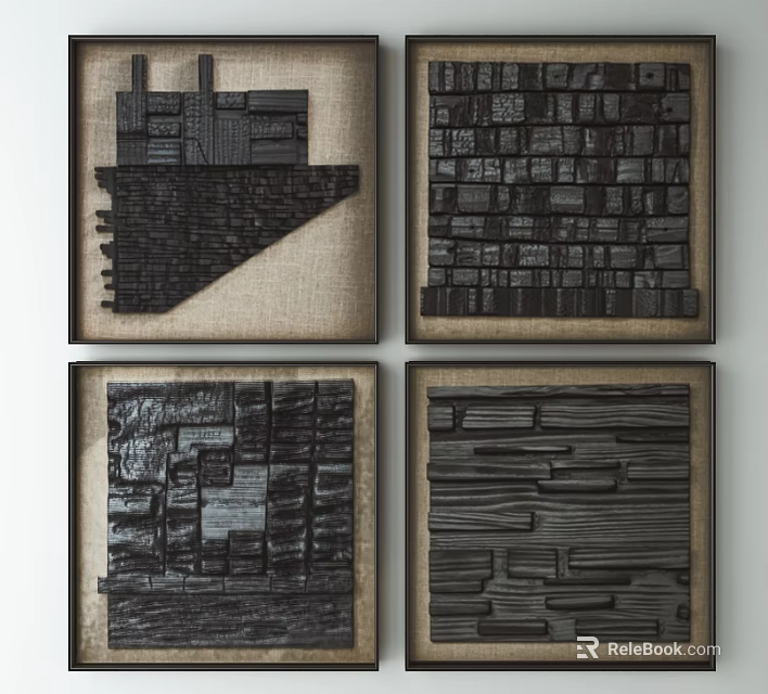 Four Square Framed Wall Art With Black Geometric Patterns On Linen Background 3d model