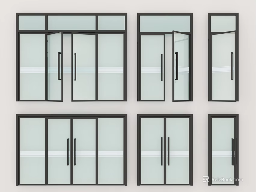 Different Styles Of Glass Doors With Black Frame And Transparent Glass Panels 3d model 
