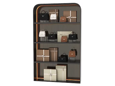 Modern Display Shelf with Multiple Bags and Gift Wrapped Boxes in Various Colors 3d model