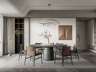 Modern Restaurant Round Table Dining Table and Chair Chandelier Green Plant Potted Plant 3d model