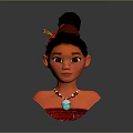 Red Skinned Female Character With Black Bun Hairstyle Red Hair Ribbon Blue Necklace Red Outfit