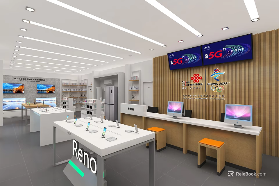 Reno Electronics Store Featuring 5G Smartphones Laptops Display Tables And Wooden Counters 3d model